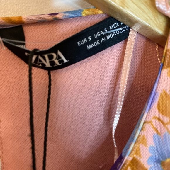 NWT Zara Size S Floral Ruched Mesh Short Sleeve Dress - Picture 3 of 8